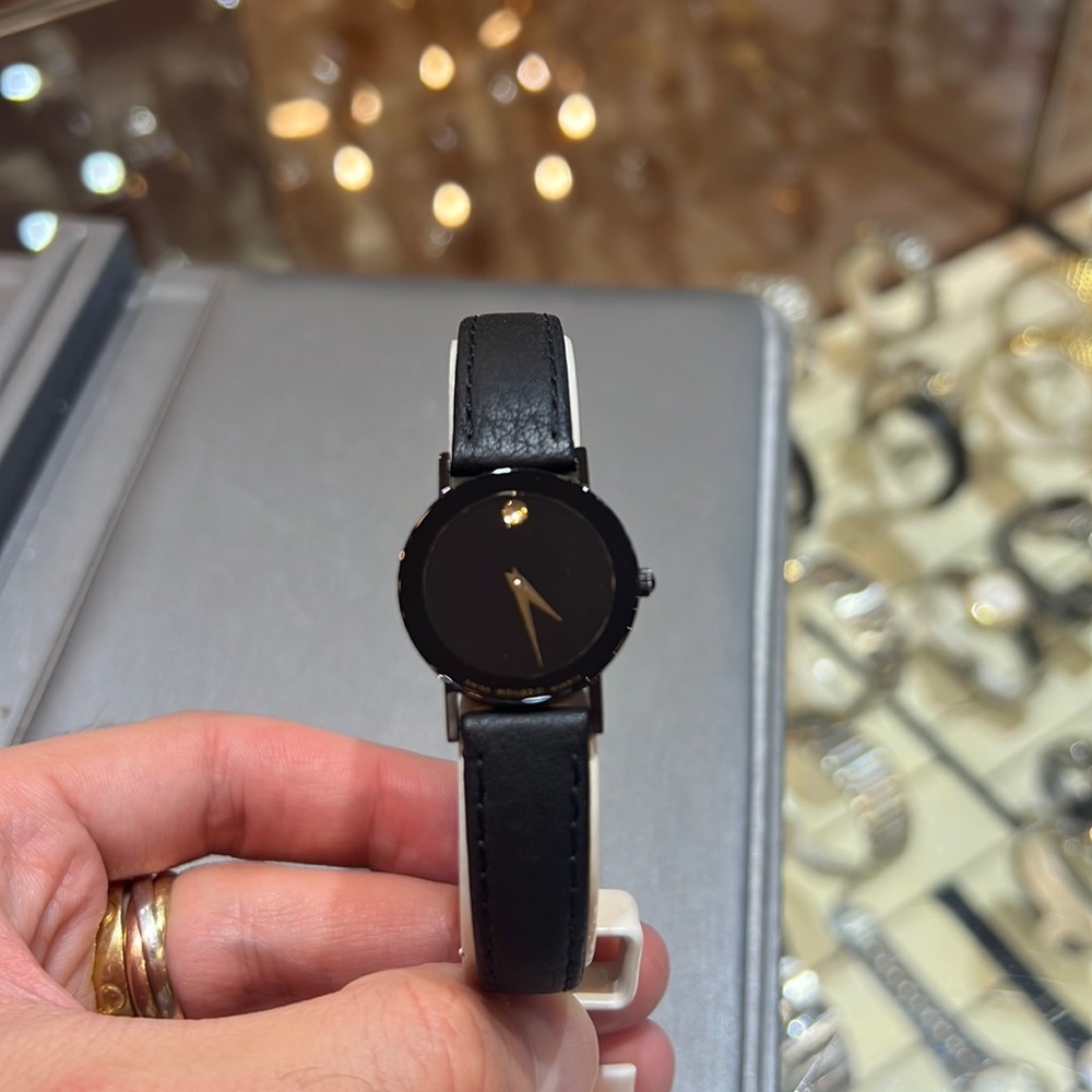 Ladies Ultra Thin Movado Watch Black Metal Leather Strap